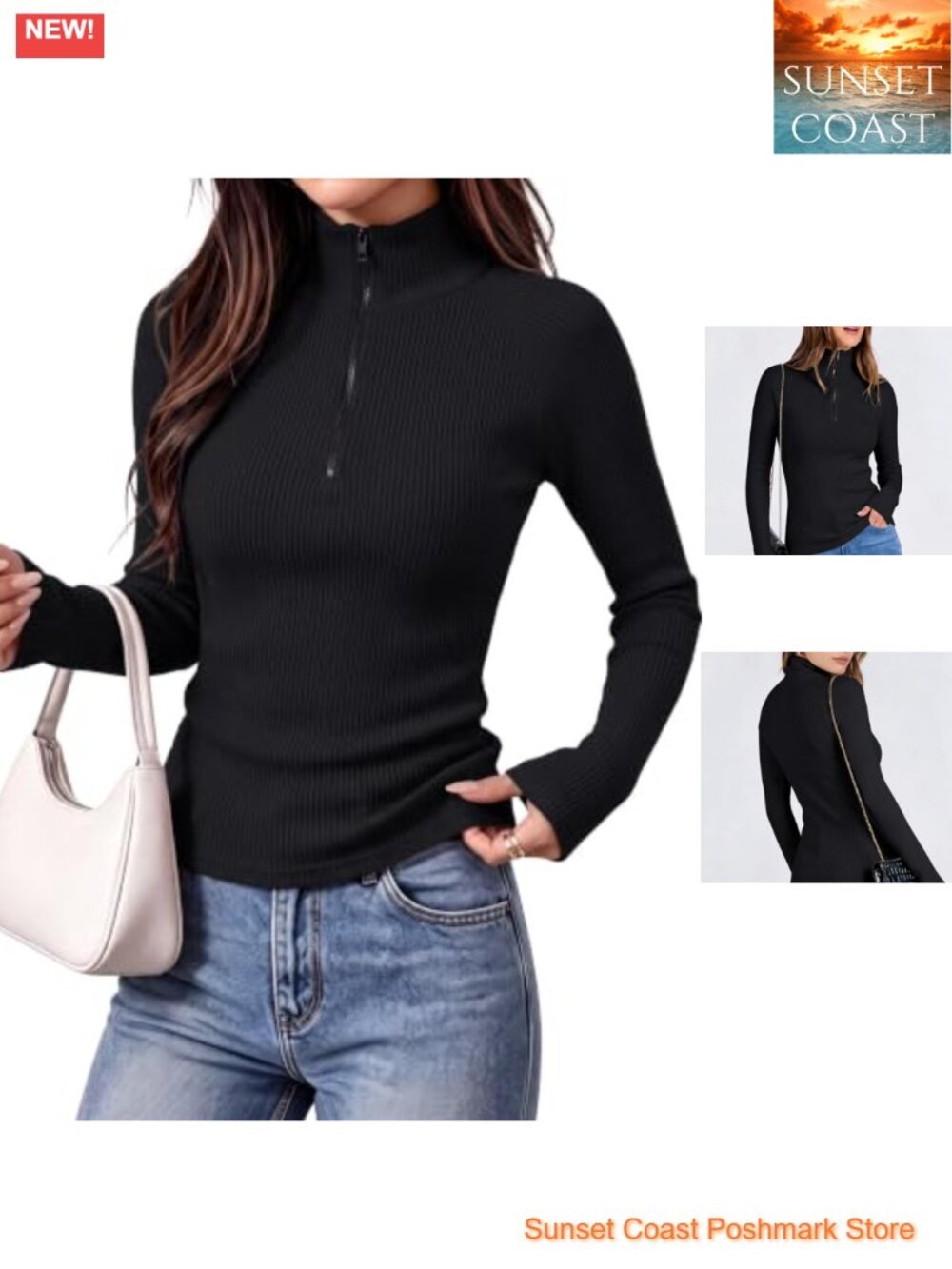 Women's Ribbed Knit Quarter Zip Long Sleeve Sweater Top Slim Fit